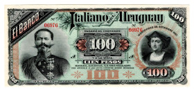 Uruguay Banco Italiano del Uruguay 100 Pesos 1887
P# S215, # 06976; Small hole in the upper right corner; UNC-