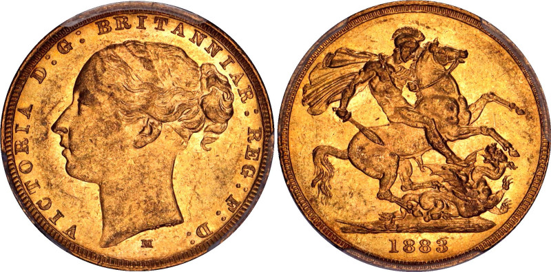 Australia 1 Sovereign 1883 M PCGS MS 61
KM# 7; N# 9310; Gold (.917), 7.98g.; Vi...