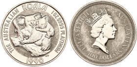 Australia 100 Dollars 1990
KM# 126, N# 239400; Platinum (.999) 31.10 g.; Elizabeth II; Koala - Platinum; Perth Mint; Mintage 28121; XF+