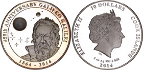 Cook Islands 10 Dollars 2014
N# 70529; Silver (.999) 62.2 g., 50 mm.; Proof; Elizabeth II; 450th Anniversary of the Birth of Galileo Galilei; Mintage...