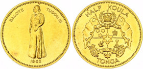 Tonga 1/2 Koula 1962
KM# 2, Schön# 2, N# 99748; Gold (.916) 16.25 g.; Salote Tupou III; London Mint; UNC with minor hairlines