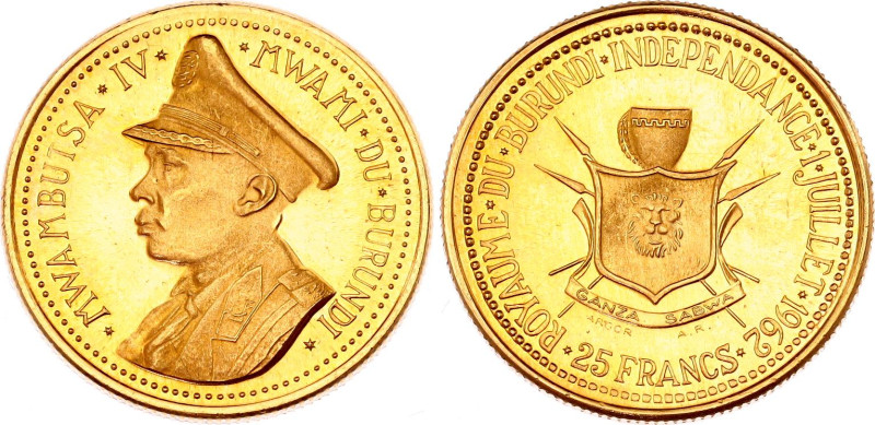 Burundi 25 Francs 1962
KM# 3, Fr# 3, N# 35039; Gold (.900) 8.0 g.; Independence...
