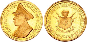 Burundi 25 Francs 1962
KM# 3, Fr# 3, N# 35039; Gold (.900) 8.0 g.; Independence of Burundi. Mwambutsa IV. Mintage 15000.; Proof