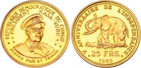 Congo Democratic Republic 25 Francs 1965
KM# 4, Fr# 3, N# 138641; Gold (.900) 8.064 g.; 5th Anniversary of Independence, bust of President Joseph Kas...
