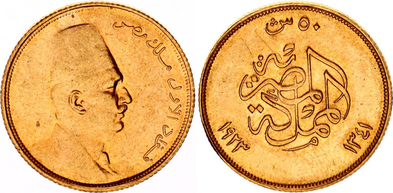 Egypt 50 Piastres 1923 AH 1341
KM# 340, N# 62813; Gold (.875) 4.25 g.; Ahmed Fu...