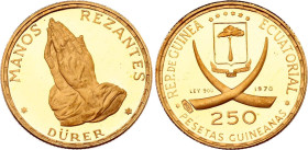 Equatorial Guinea 250 Pesetas Guineanas 1970
KM# 21, N# 50863; Gold (.900) 3.52 g., 18 mm., Proof; Dürer's Praying Hands; Mintage 2000 pcs only!; Wit...