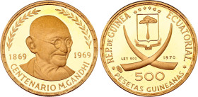 Equatorial Guinea 500 Pesetas Guineanas 1970
KM# 25, N# 116332; Gold (.900) 7.05 g., 23 mm., Proof; 100th Anniversary of the Birth of Mahatma Gandhi;...