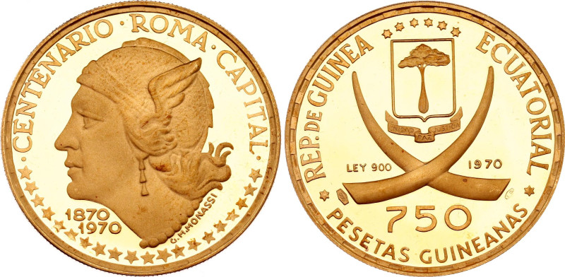 Equatorial Guinea 750 Pesetas Guineanas 1970
KM# 29, N# 93111; Gold (.900) 10.5...