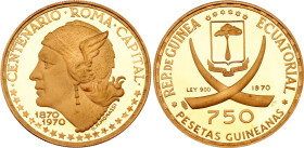 Equatorial Guinea 750 Pesetas Guineanas 1970
KM# 29, N# 93111; Gold (.900) 10.57 g., 30 mm., Proof; 100th Anniversary of Rome as Capital - Rome; Mint...