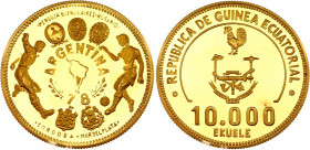Equatorial Guinea 10000 Ekuele 1979 (ND)
KM# 41, N# 86538; Gold (.917) 13.92 g., Proof; FIFA World Cup 1978, Argentina; Mintage 121