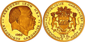 Gabon 25 Francs 1960
KM# 2, N# 52876; Gold (.900), 8 g.; President Mba - Independence. Mintage in proof 500 pcs only!; Proof