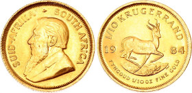 South Africa 1/10 Ounce Krugerrand 1984
KM# 105, N# 17854; Gold (0.917) 3.39 g., 16.5 mm.; UNC