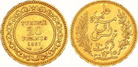 Tunisia 20 Francs 1897 AH 1315 A
KM# 227, Lec# 451, N# 7496; Gold (.900) 6.45 g.; Ali III; Paris Mint; XF-AUNC