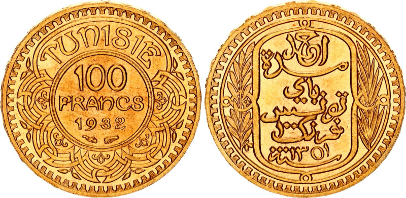Tunisia 100 Francs 1932 AH 1351
KM# 257, N# 11229; Gold (.900), 6.55 g.; French...