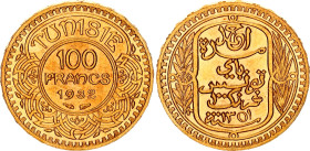 Tunisia 100 Francs 1932 AH 1351
KM# 257, N# 11229; Gold (.900), 6.55 g.; French Protectorate, Mintage of 3000 only; UNC, full mint luster