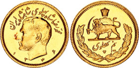 Iran 1/2 Pahlavi 1967 SH 1346
KM# 1161, N# 29162; Gold (.900) 4.07 g., Prooflike; Mohammad Rezā Pahlavī; Mintage 40000; UNC with minor hairlines