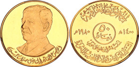 Iraq 50 Dinars 1980 AH 1401 PCGS PR64DCAM
KM# 173; Gold (.917), 16.96 g.; 1st Anniversary of the Inauguration of President Saddam Hussein. Mintage no...