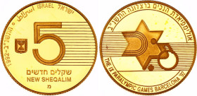 Israel 5 New Sheqalim 1992 JE 5752
KM# 229, N# 13521; Gold (.900) 8.63 g., Proof; Israel Among the Nations - IX Paralympic Games in Barcelona; Utrech...