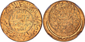 Yemen 1 Riyal d'Or / 4 Sovereigns / 5 Lires 1958 AH 1377 NGC MS 61
Y# G17.2, Fr# 8, N# 63078; Gold (.900), 28.26 g.; Ahmed ben Yahia (1948-1962). San...