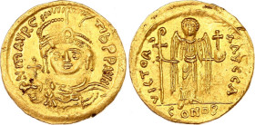 Byzantium Golden Solidus 582 - 602 AD
DOC 5a; MIBE 6; Sear 478, N# 138183; Gold 4.44 g.; Mauricius Tiberius (582-602); Obv: Bust of Emperor with diad...