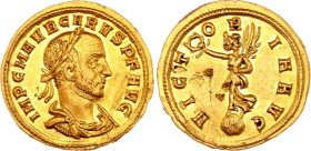 Roman Empire Carus Aureus 283 AD Victoria
RIC# 95; Gold 4.43 g.; Obv: IMPCMAVRCARVSPFAVG - Laureate, draped and cuirassed bust left. Rev: VICTORIAAVG...