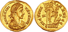 Roman Empire Arcadius Solidus 395 - 402 AD Mediolanum Mint
RIC# 35b; Gold 4.46 g.; Obv: DNARCADIVSPFAVG - Diademed (pearls), draped and cuirassed bus...