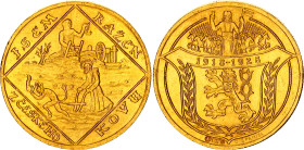 Czechoslovakia 2 Dukaty 1928 (ND) Medallic Coinage
X# M4, Fr# 6, N# 111450; Gold (.986) 13.96 g.; 10th Anniversary of Czechoslovakia; UNC