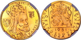Czechoslovakia 1 Dukat 1981 NGC MS 68 TOP COIN
Fr# 22; 600 Years of Karl IV death. Gold (.986) 3.49 g. Kremnitz mint. Mintage 2.138 pc; Karel IV. (13...
