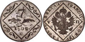 Austria 7 Kreuzer 1802 C Overstruck on 12 Kreuzer
KM# 2129, N# 18836; Silver; Franz II, Prague Mint (rare overstuck); AUNC