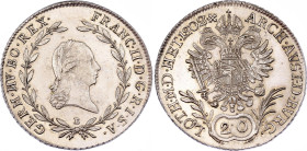 Austria 20 Kreuzer 1802 B
KM# 2139, N# 22610; Silver; Francis II; AUNC, Cleaned