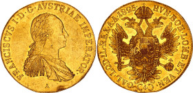 Austria 4 Dukat 1825 A
KM# 2178; Gold (.986) 14.00 g.; Franz I, Vienna Mint. Very rare coin!; AUNC, full mint luster, slightly bent, edge nicks