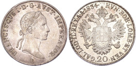 Austria 20 Kreuzer 1834 B
KM# 2147, Schön# 76, N# 14712; Silver; Franz I, Mint: Kremnitz; AUNC/UNC Luster