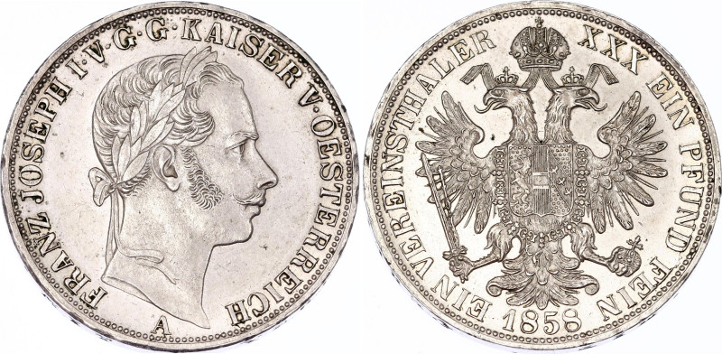 Austria 1 Vereinsthaler 1858 A
KM# 2244; Silver; Franz Joseph I, Vienna Mint; A...