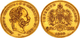 Austria 4 Florin / 10 Francs 1885
KM# 2260, N# 23664; Gold (.900) 3.21 g.; AUNC