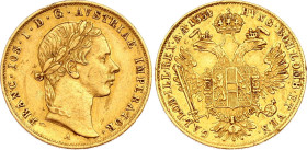 Austria Dukat 1854 A
KM# 2263; Gold (.986) 3.44 g.; Franz Joseph I. Vienna Mint.; AUNC, hairlines, mint luster remains
