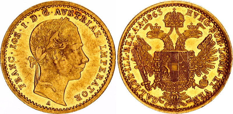Austria Dukat 1863 A
KM# 2264, N# 22709; Gold (.986) 3.49 g., 21 mm.; Franz Jos...