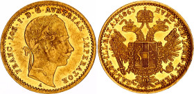 Austria Dukat 1863 A
KM# 2264, N# 22709; Gold (.986) 3.49 g., 21 mm.; Franz Joseph I; XF+ with prooflike luster