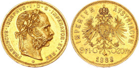 Austria 8 Florin / 20 Francs 1888
KM# 2269, N# 17723; Gold (.900) 6.45 g; Franz Joseph I. Vienna Mint.; AUNC, mint luster remains