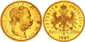 Austria 8 Florin / 20 Francs 1889
KM# 2269; Gold (.900) 6.45 g.; Franz Joseph I; AUNC, prooflike luster remains, edge nick