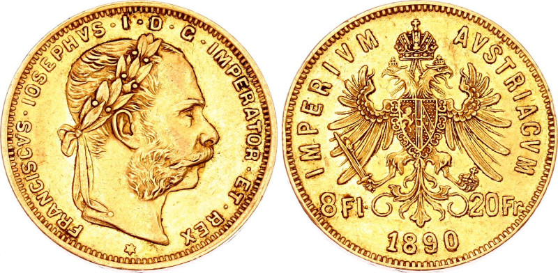 Austria 8 Florin / 20 Francs 1890
KM# 2269, N# 17723; Gold (.900) 6.45 g; Franz...