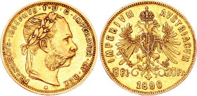 Austria 8 Florin / 20 Francs 1890
KM# 2269, N# 17723; Gold (.900) 6.45 g; Franz Joseph I. Vienna Mint.; AUNC-