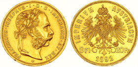 Austria 8 Florin / 20 Francs 1892 Restrike
KM# 2269, N# 17723; Gold (.900) 6.45 g.; Franz Joseph I; UNC