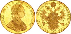 Austria 4 Dukat 1858 A
KM# 2271.1, N# 33649; Gold (.986) 13.97 g.; Franz Joseph I; AU-UNC, full mint luster. Extremely rare condition for this type.