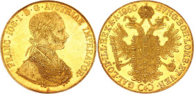 Austria 4 Dukat 1860 A
KM# 2272, N# 33650; Gold (.986) 13.96 g.; Franz Joseph I; AU-UNC, full mint luster. Extremely rare condition for this type.