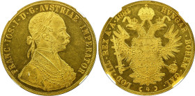 Austria 4 Dukat 1881 NGC MS 62 PL
KM# 2276, N# 15156; Gold (.986), 13.90 g.; Franz Joseph I; UNC, Prooflike. Top Grade. Extremely rare example with P...