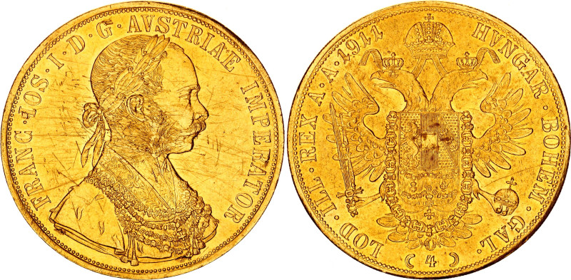 Austria 4 Dukat 1911
KM# 2276, N# 15156; Gold (.986) 13.96 g.; Franz Joseph I; ...