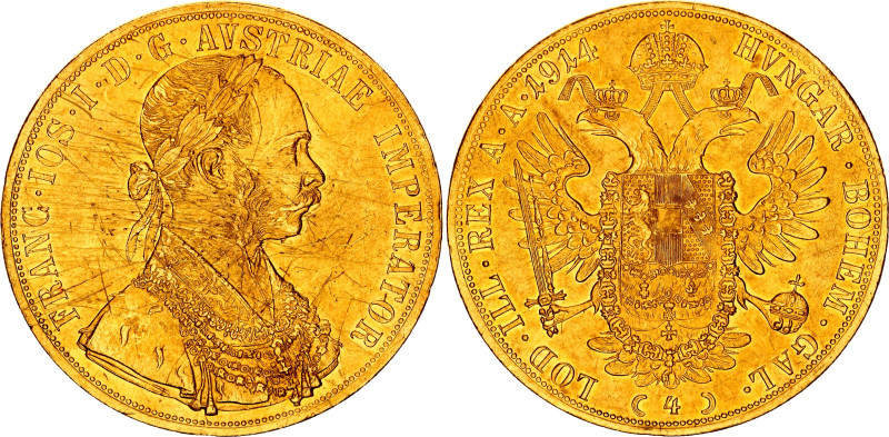 Austria 4 Dukat 1914
KM# 2276, N# 15156; Gold (.986) 13.96 g.; Franz Joseph I; ...