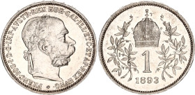 Austria 1 Corona 1893
KM# 2804; Schön# 7; N# 5744; Silver; Franz Joseph I; UNC, prooflike reverse. Rare condition.