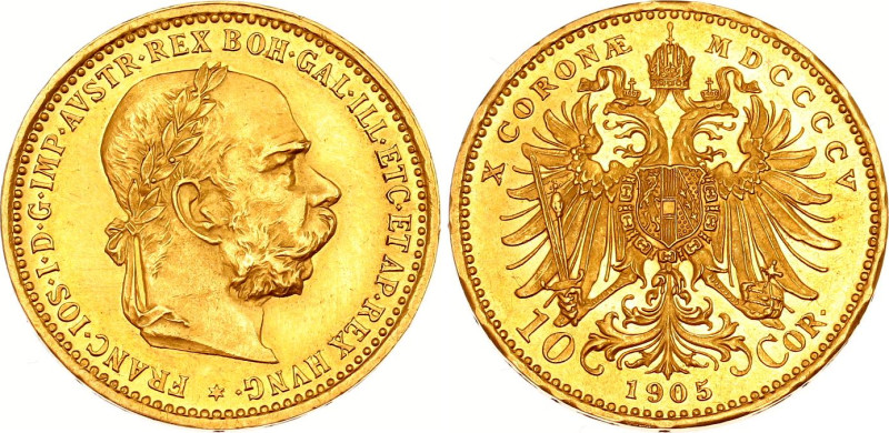 Austria 10 Corona 1905
KM# 2805, N# 33244; Gold (.900) 3.38 g., 19 mm.; Franz J...