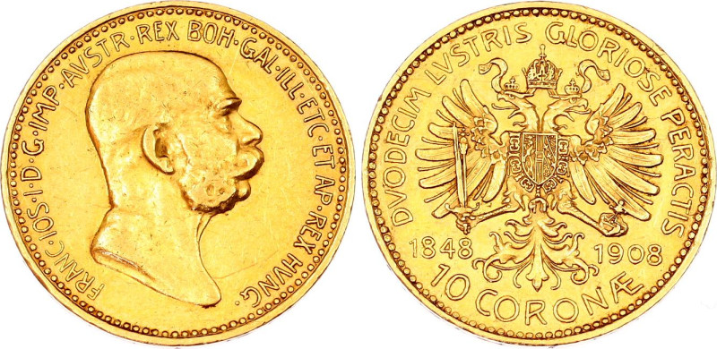 Austria 10 Corona 1908
KM# 2810, N# 33243; Gold (.900) 3.39 g.; 60th Anniversar...